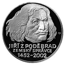 Česká mincovna 550. výročí ustanovení Jiřího z Poděbrad zemským správcem 200 Kč 2002 stříbrná mince Proof 13 g